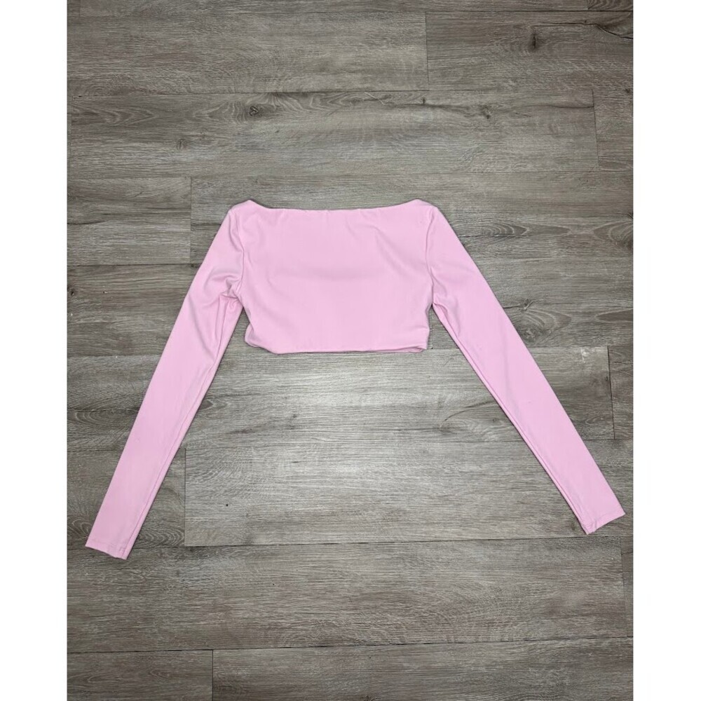Pink Square Neck Long Sleeve Crop Top Fitted Stretch Soft Basic Women's Small - Picture 2 of 4